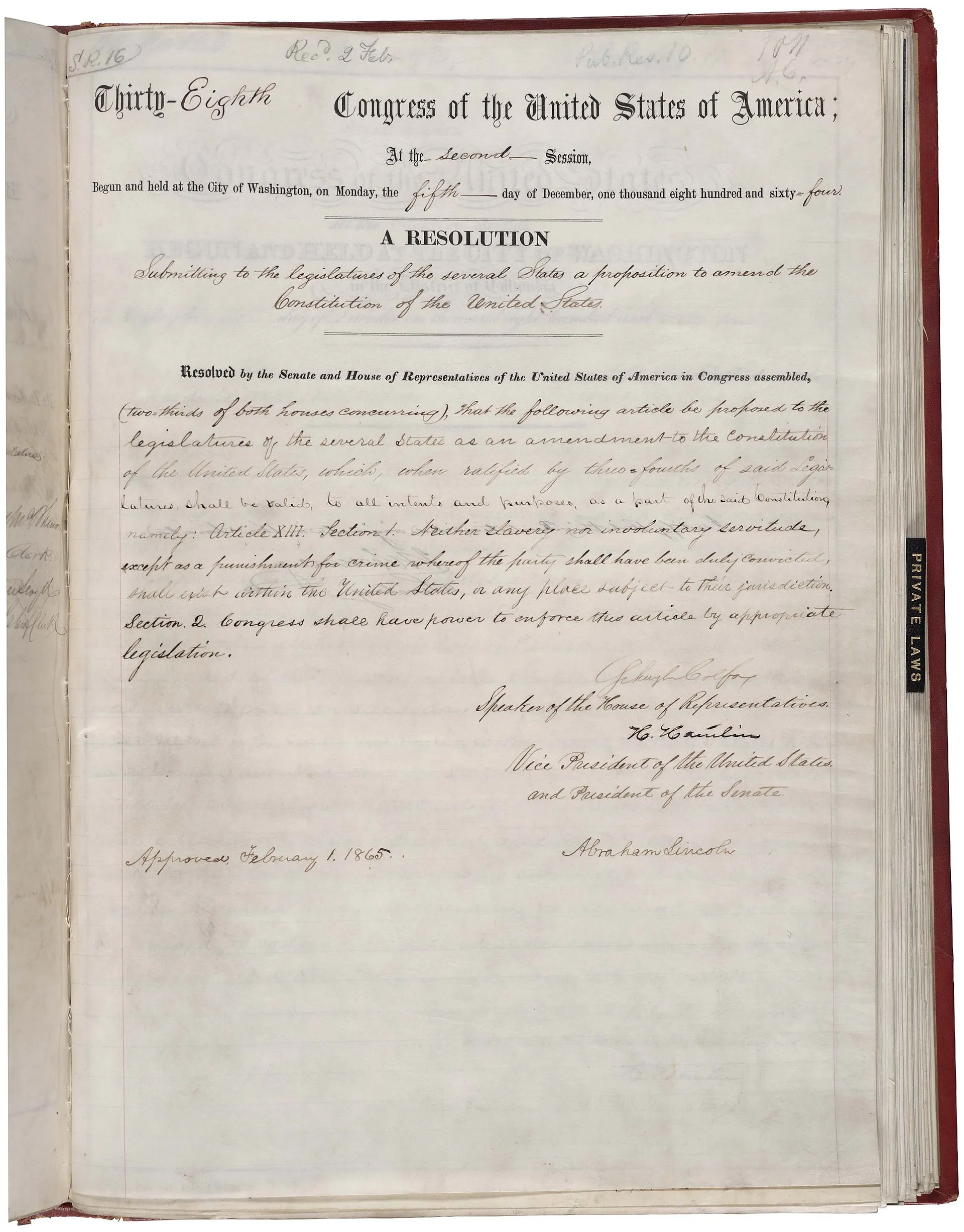 美國憲法第十三條修正案文件，1865年；美國國家檔案館藏。