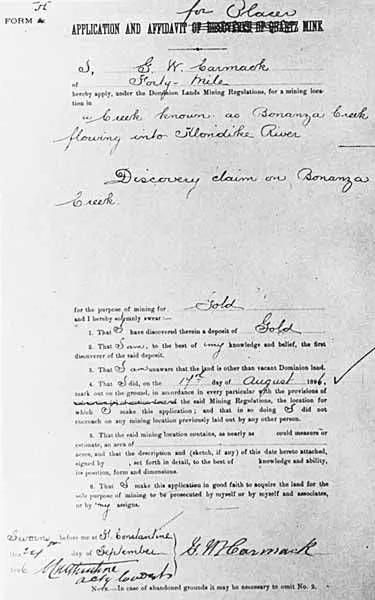 George W. Carmack 於1896年8月17日提出 Bonanza Creek Discovery Claim 的申請與宣誓文件，顯示發現與正式立案並非同一日