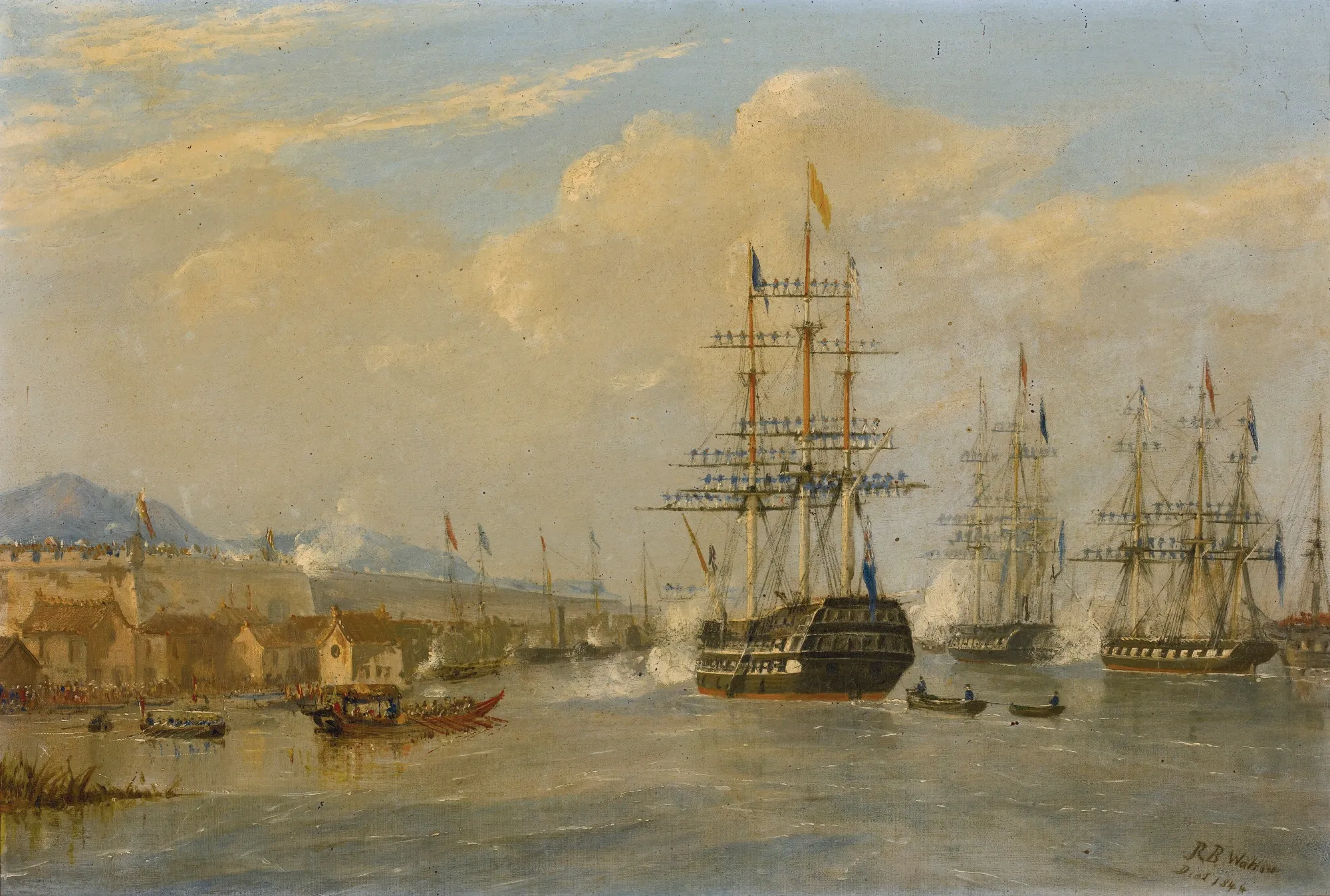 Rundle Burges Watson 描繪的 HMS Cornwallis 與南京城牆水域;條約於 1842 年在這艘英國軍艦上簽署。