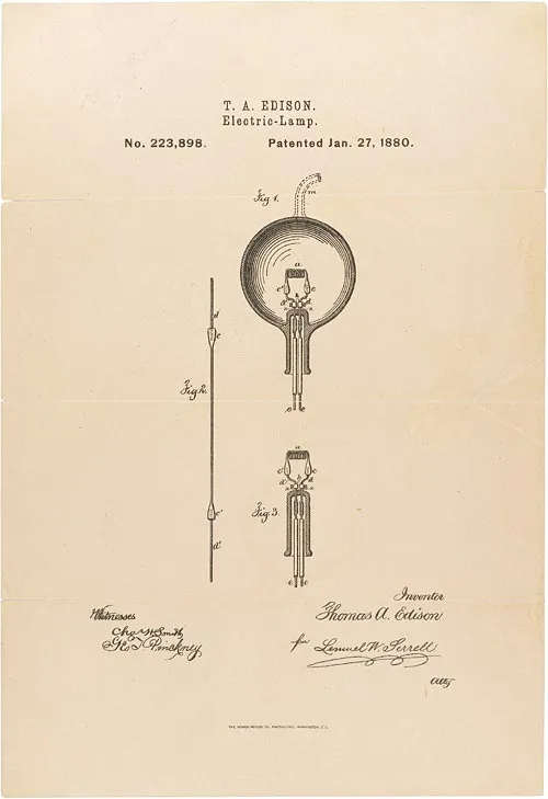 美國國家檔案館保存的 Edison electric-lamp 專利圖,日期為 1880 年 1 月 27 日;它是城市供電系統形成前的文件背景。