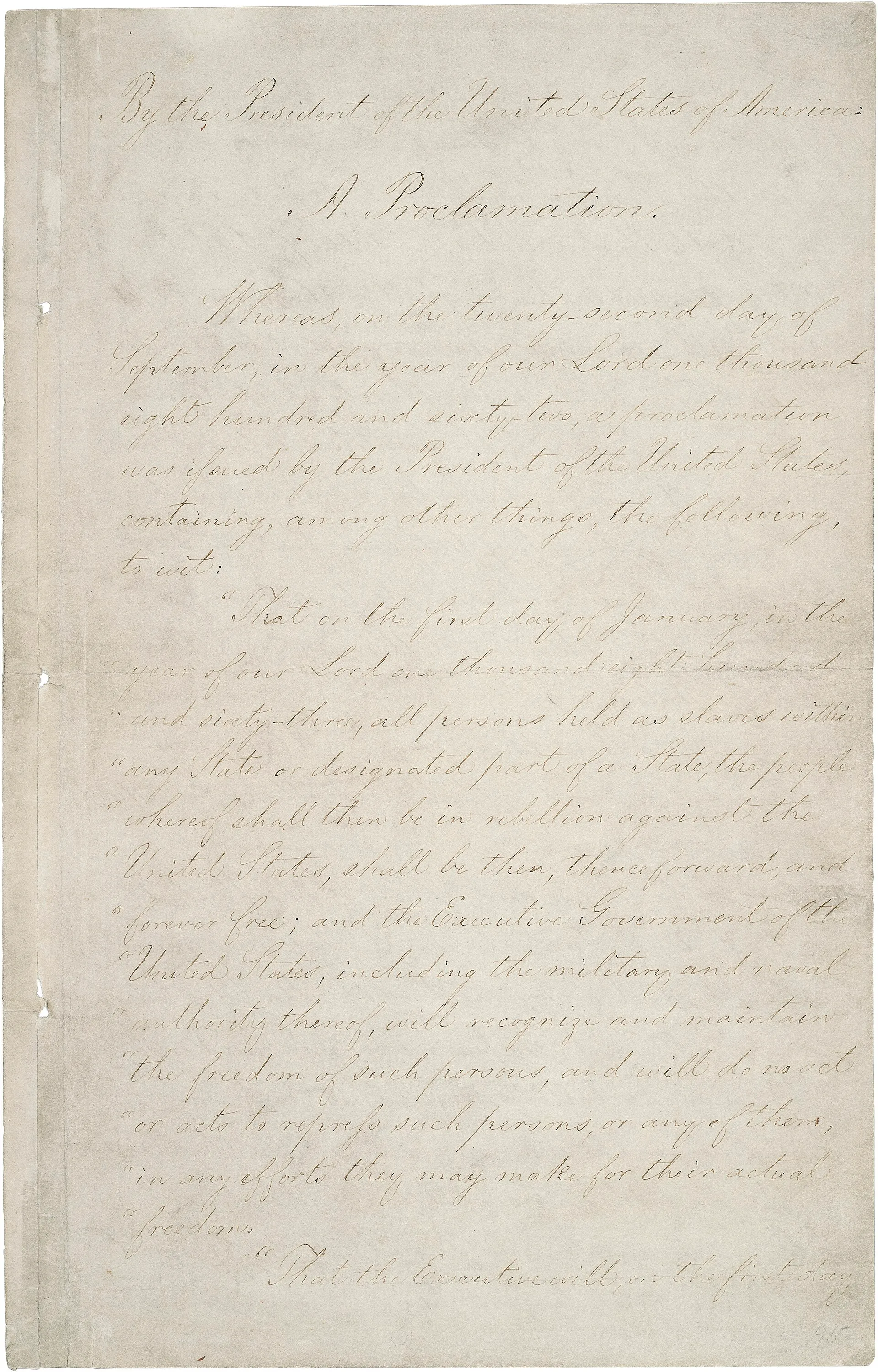 正式解放宣言首頁，1863年1月1日；美國國家檔案館藏。