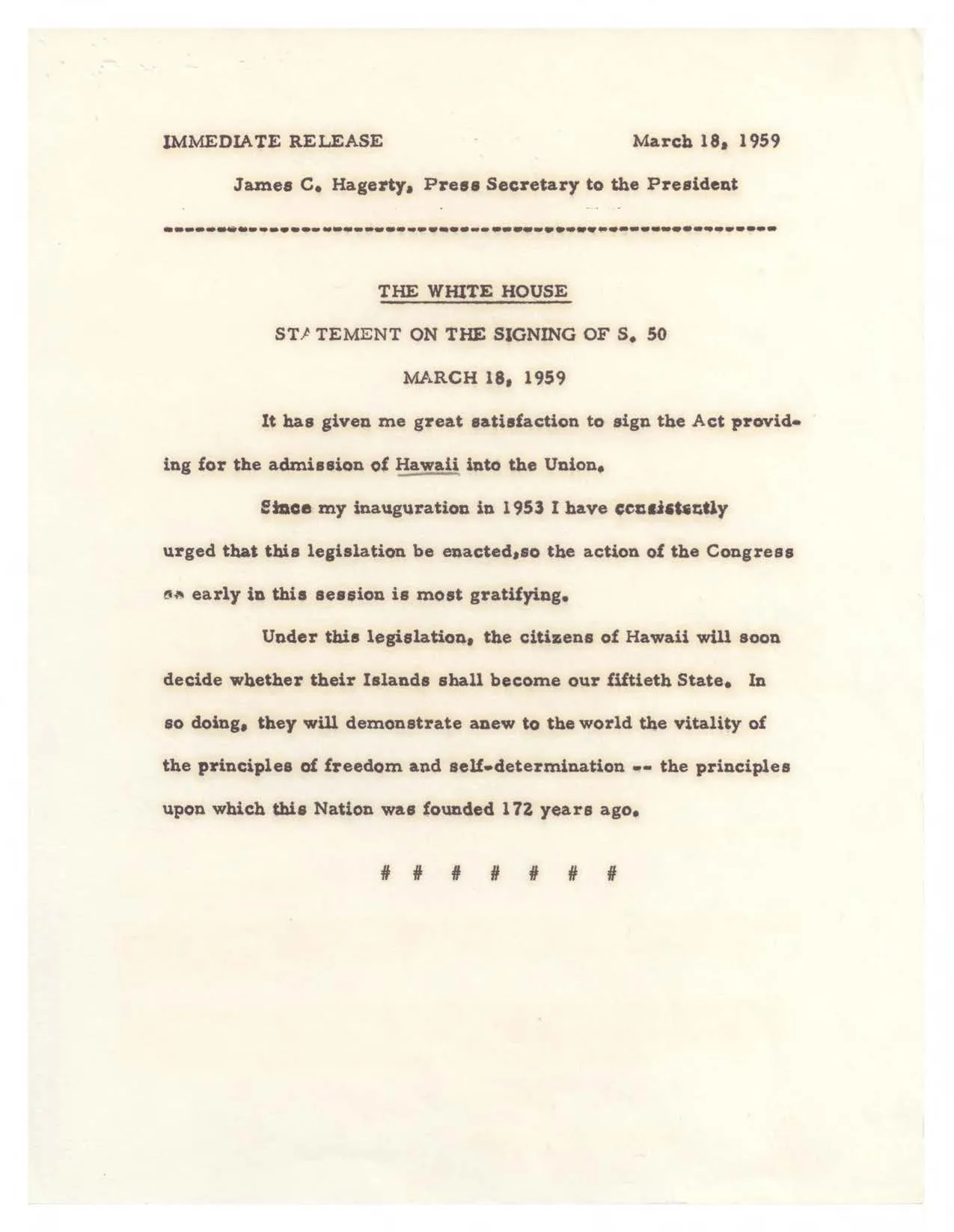 1959年3月18日簽署 Hawaii Admission Act 的相關公開文件；它呈現入州程序的法律起點，不是8月21日的公告現場