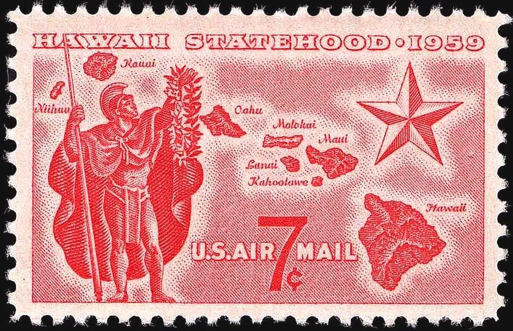 1959年發行的夏威夷入州紀念郵票，代表事件如何被轉化為公共記憶；不是公告現場