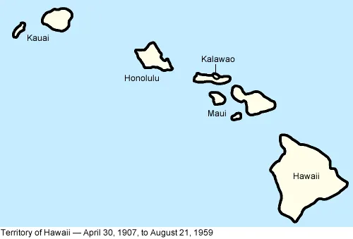 夏威夷在1907年至1959年間的領土地圖；這是制度背景示意，不是1959年現場照片