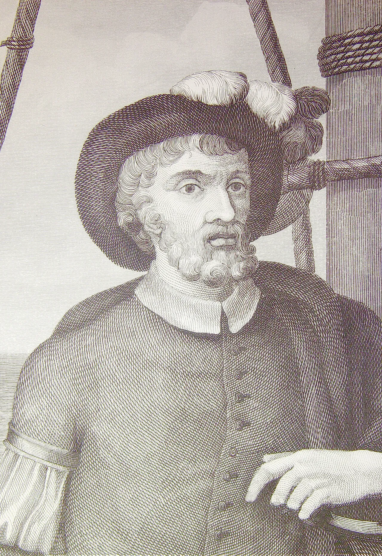 1852 年出版品中的 Juan Sebastián de Elcano 版畫肖像;這是後世描繪,不是 1522 年現場照片。