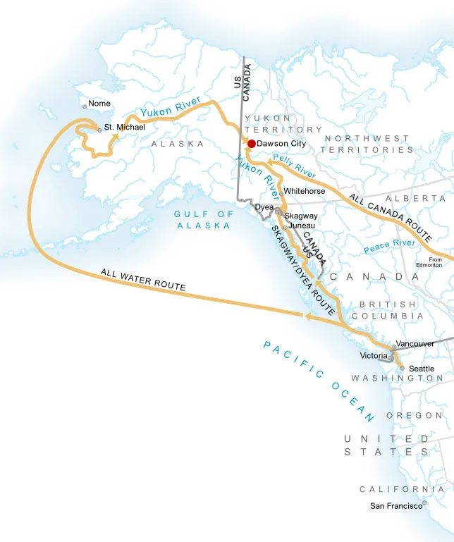 National Park Service 整理的克朗代克路線圖，呈現由海岸、山口與 Yukon River 通往 Dawson 的路徑
