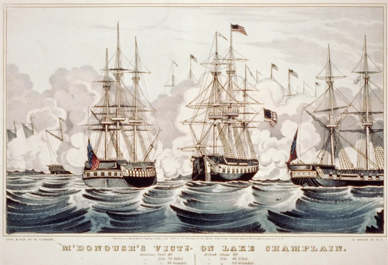 麥克多諾在尚普蘭湖的勝利，1816 年版畫。