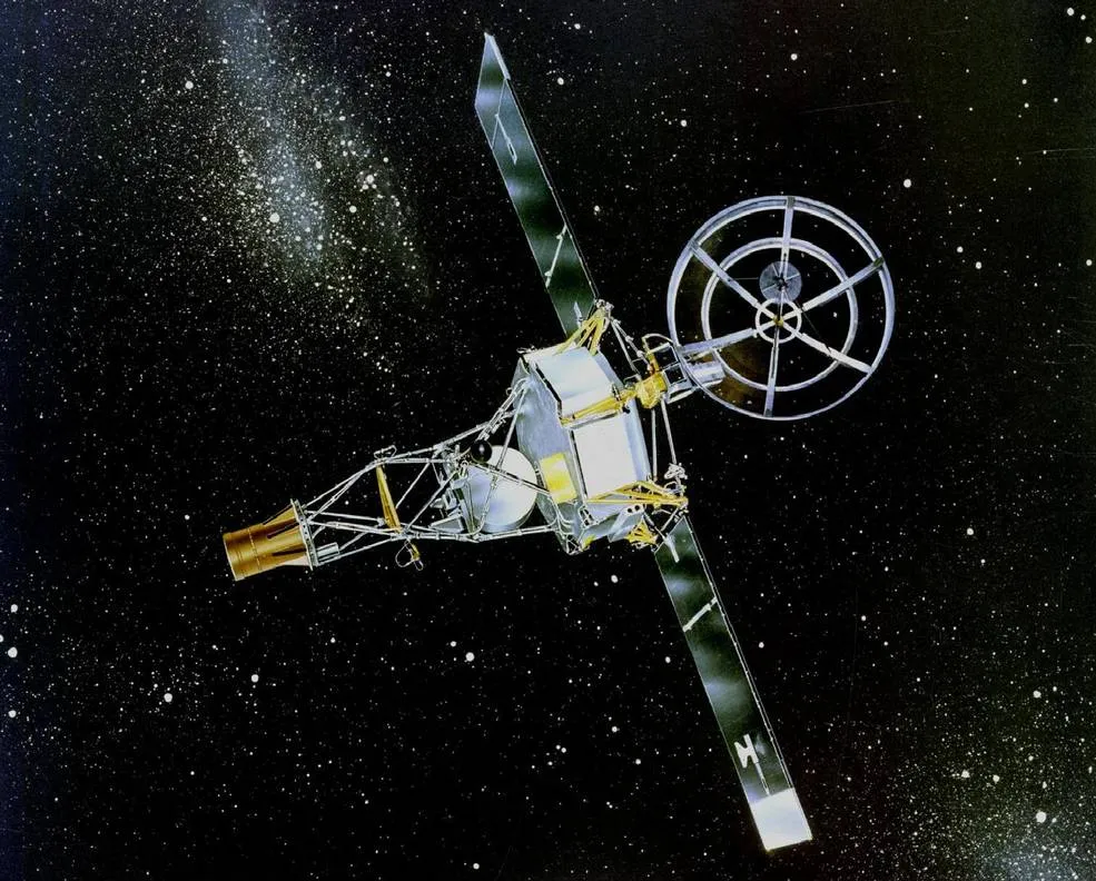 Mariner 2 飛往金星的任務插圖;這是依任務資料製作的科學插圖,不是探測器的實景照片。