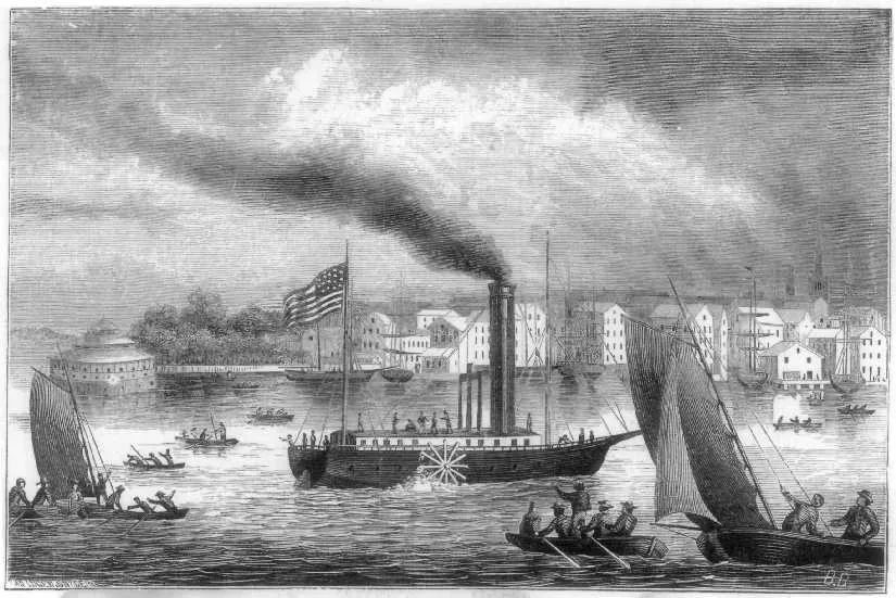 North River Steamboat 的後世版畫再現;不是1807年現場照片,也不代表唯一確定的原船外觀