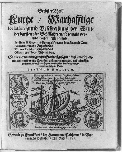 1626 年書籍扉頁中的 Victoria 與航海者肖像;這是歷史圖像,不是返航當日的照片。
