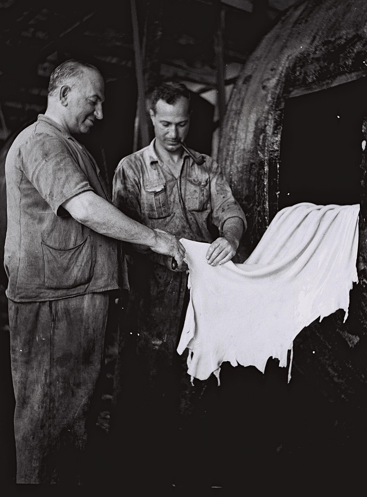 WORKERS AT A LEATHER FACTORY IN HAIFA. תעשייה. בצילום, פועלים במפעל עורות בחיפה.D834-019