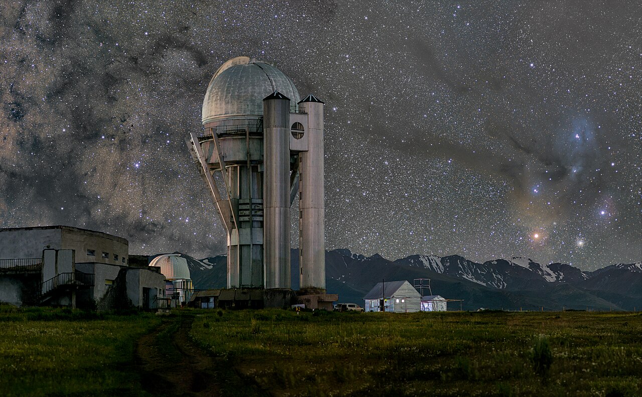 Assy-Turgen Observatory against the backdrop of the center of the Milky Way and the star-forming region around Antares