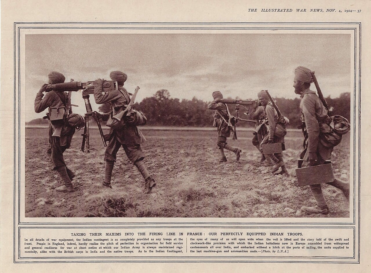 Sikh troops carrying machine guns in 1914 during World War One